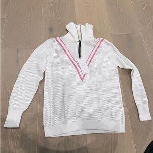 Varley White Half-Zip Knit Sweater with Pink V-Stripe